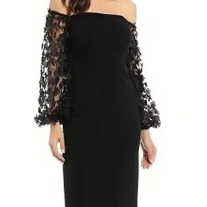 Eliza J Black Off-Shoulder Floral Sleeve Evening Gown